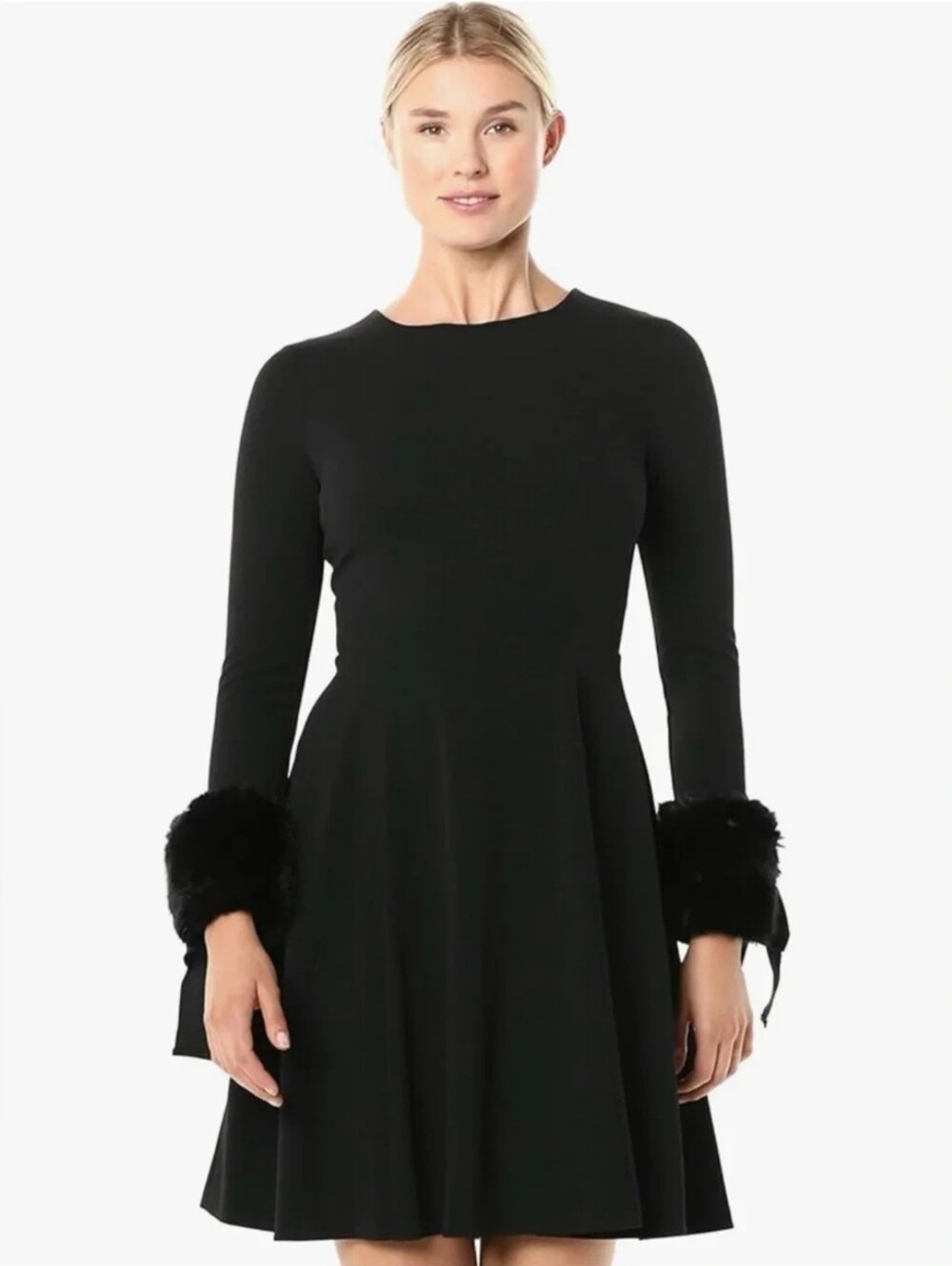 Calvin Klein Black Long-Sleeve Fit & Flare Dress with Faux Fur Cuffs